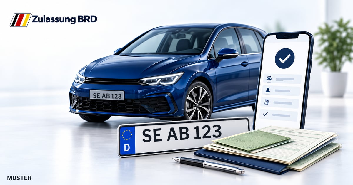 Online Fahrzeugzulassung in Norderstedt: Musterkennzeichen SE AB 123, Auto und Fahrzeugpapiere und Smartphone. Illustration mit Logo von Zulassung BRD.
